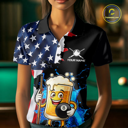 Custom Funny Beer 8 Ball Pool Billiard Shirt For Women US Flag Patriotic Billiard Team Billiard Jersey NYN4180