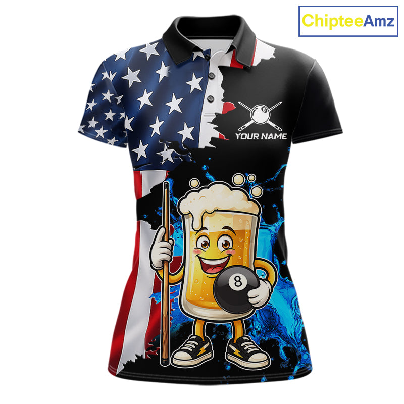Custom Funny Beer 8 Ball Pool Billiard Shirt For Women US Flag Patriotic Billiard Team Billiard Jersey NYN4180