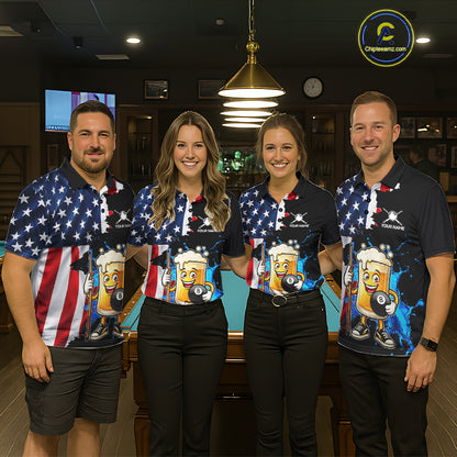Custom Funny Beer 8 Ball Pool Billiard Shirt For Men US Flag Patriotic Billiard Team Billiard Jersey NYN4180