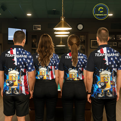 Custom Funny Beer 8 Ball Pool Billiard Shirt For Men US Flag Patriotic Billiard Team Billiard Jersey NYN4180