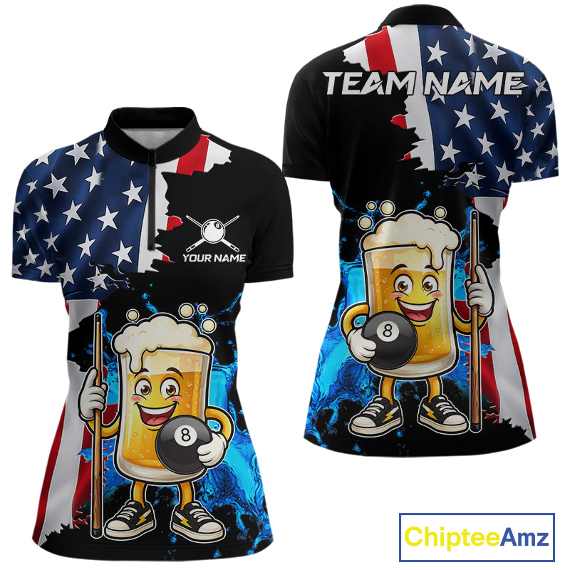 Custom Funny Beer 8 Ball Pool Billiard Shirt For Women US Flag Patriotic Billiard Team Billiard Jersey NYN4180