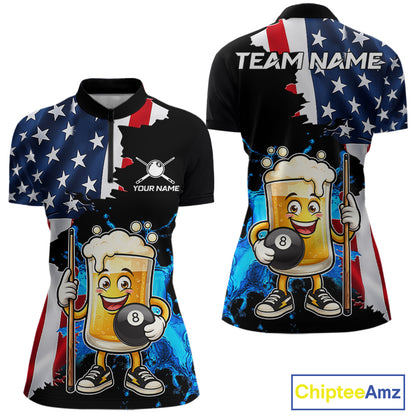 Custom Funny Beer 8 Ball Pool Billiard Shirt For Women US Flag Patriotic Billiard Team Billiard Jersey NYN4180