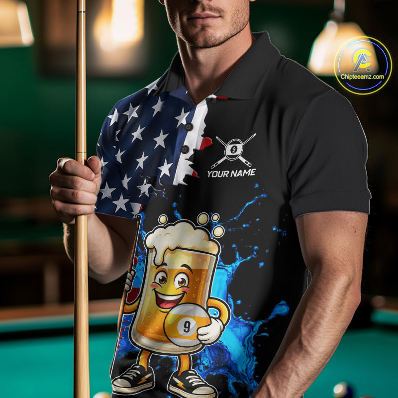Custom Funny Beer 9 Ball Pool Billiard Shirt For Men US Flag Patriotic Billiard Team Billiard Jersey NYN4181