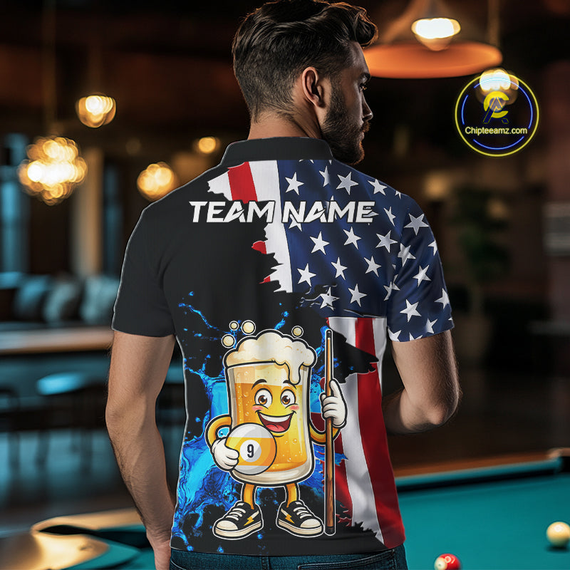 Custom Funny Beer 9 Ball Pool Billiard Shirt For Men US Flag Patriotic Billiard Team Billiard Jersey NYN4181
