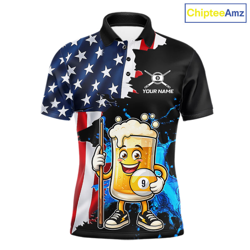 Custom Funny Beer 9 Ball Pool Billiard Shirt For Men US Flag Patriotic Billiard Team Billiard Jersey NYN4181