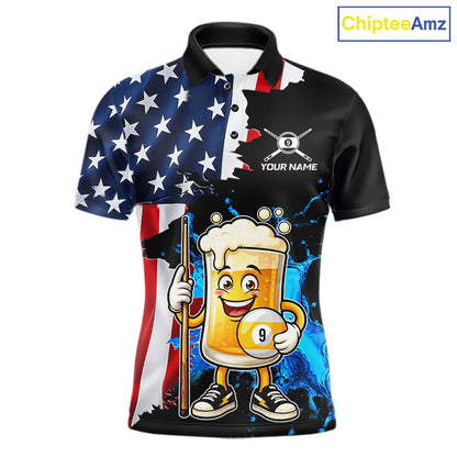 Custom Funny Beer 9 Ball Pool Billiard Shirt For Men US Flag Patriotic Billiard Team Billiard Jersey NYN4181