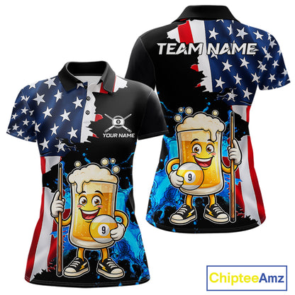 Custom Funny Beer 9 Ball Pool Billiard Shirt For Women US Flag Patriotic Billiard Team Billiard Jersey NYN4181