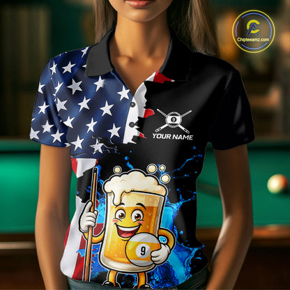 Custom Funny Beer 9 Ball Pool Billiard Shirt For Women US Flag Patriotic Billiard Team Billiard Jersey NYN4181