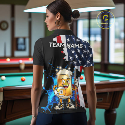 Custom Funny Beer 9 Ball Pool Billiard Shirt For Women US Flag Patriotic Billiard Team Billiard Jersey NYN4181