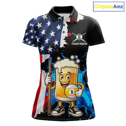 Custom Funny Beer 9 Ball Pool Billiard Shirt For Women US Flag Patriotic Billiard Team Billiard Jersey NYN4181