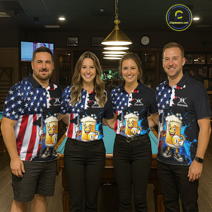 Custom Funny Beer 9 Ball Pool Billiard Shirt For Men US Flag Patriotic Billiard Team Billiard Jersey NYN4181
