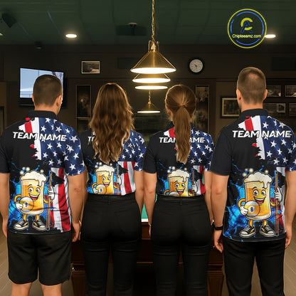 Custom Funny Beer 9 Ball Pool Billiard Shirt For Men US Flag Patriotic Billiard Team Billiard Jersey NYN4181