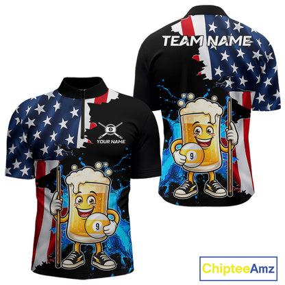 Custom Funny Beer 9 Ball Pool Billiard Shirt For Men US Flag Patriotic Billiard Team Billiard Jersey NYN4181