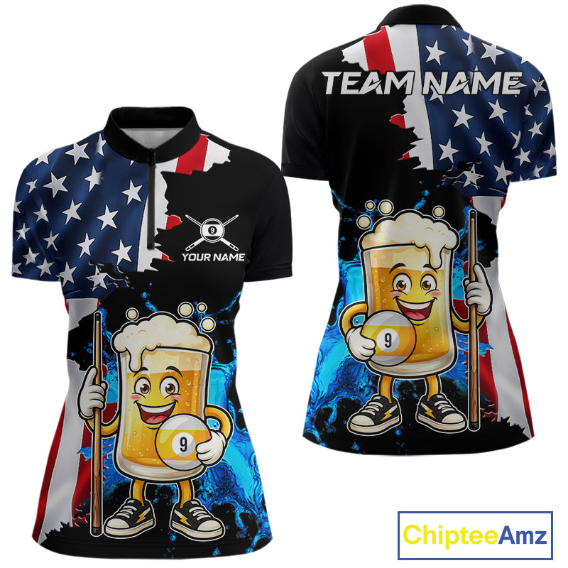 Custom Funny Beer 9 Ball Pool Billiard Shirt For Women US Flag Patriotic Billiard Team Billiard Jersey NYN4181