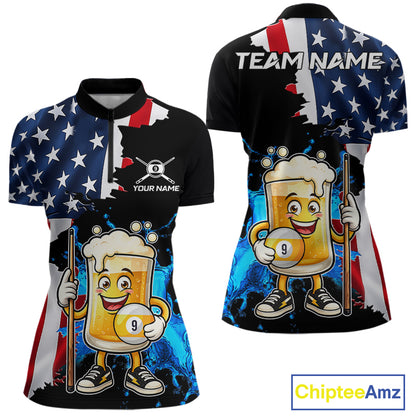 Custom Funny Beer 9 Ball Pool Billiard Shirt For Women US Flag Patriotic Billiard Team Billiard Jersey NYN4181