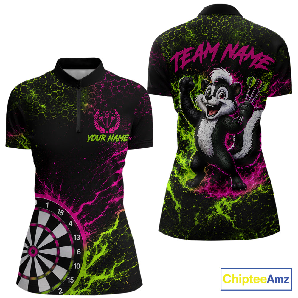 Neon Lime Green & Pink Splatter Dartboard Custom Funny Skunk Dart Shirts For Women Dart Team Jersey NYN4182