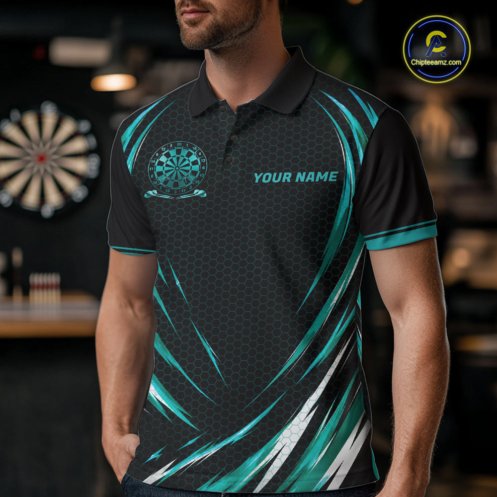 Black And Teal Thunder Darts Custom Dart Polo Quarter-Zip Shirts For Men Hexagon Dart Team Jersey NYN4184