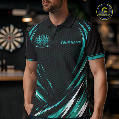Black And Teal Thunder Darts Custom Dart Polo Quarter-Zip Shirts For Men Hexagon Dart Team Jersey NYN4184