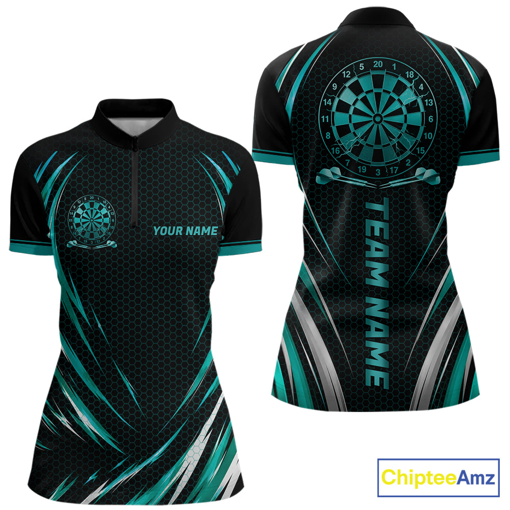 Black And Teal Thunder Darts Custom Dart Polo Quarter-Zip Shirts For Women Hexagon Dart Team Jersey NYN4184