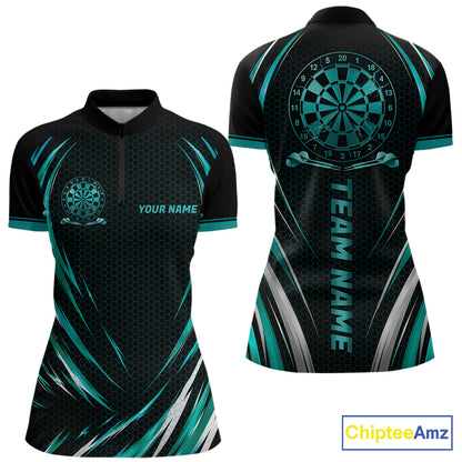Black And Teal Thunder Darts Custom Dart Polo Quarter-Zip Shirts For Women Hexagon Dart Team Jersey NYN4184