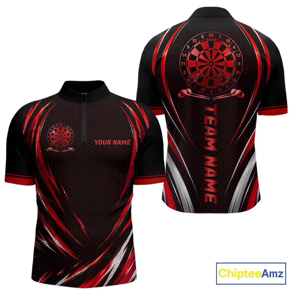 Black And Red Thunder Darts Custom Dart Polo Quarter-Zip Shirts For Men Hexagon Dart Team Jersey NYN4185