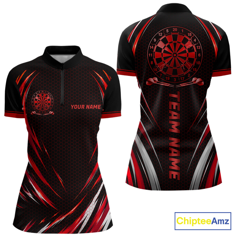 Black And Red Thunder Darts Custom Dart Polo Quarter-Zip Shirts For Women Hexagon Dart Team Jersey NYN4185