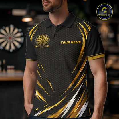 Black And Gold Thunder Darts Custom Dart Polo Quarter-Zip Shirts For Men Hexagon Dart Team Jersey NYN4186