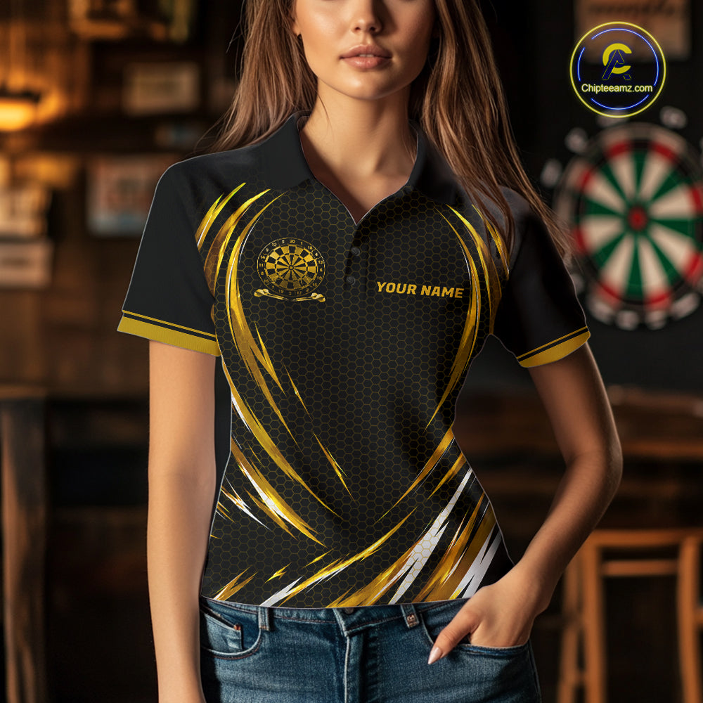 Black And Gold Thunder Darts Custom Dart Polo Quarter-Zip Shirts For Women Hexagon Dart Team Jersey NYN4186