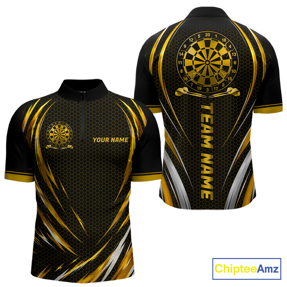 Black And Gold Thunder Darts Custom Dart Polo Quarter-Zip Shirts For Men Hexagon Dart Team Jersey NYN4186
