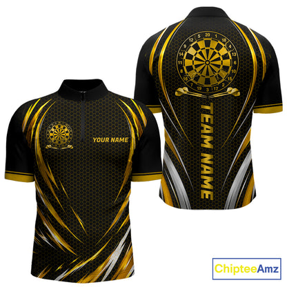 Black And Gold Thunder Darts Custom Dart Polo Quarter-Zip Shirts For Men Hexagon Dart Team Jersey NYN4186