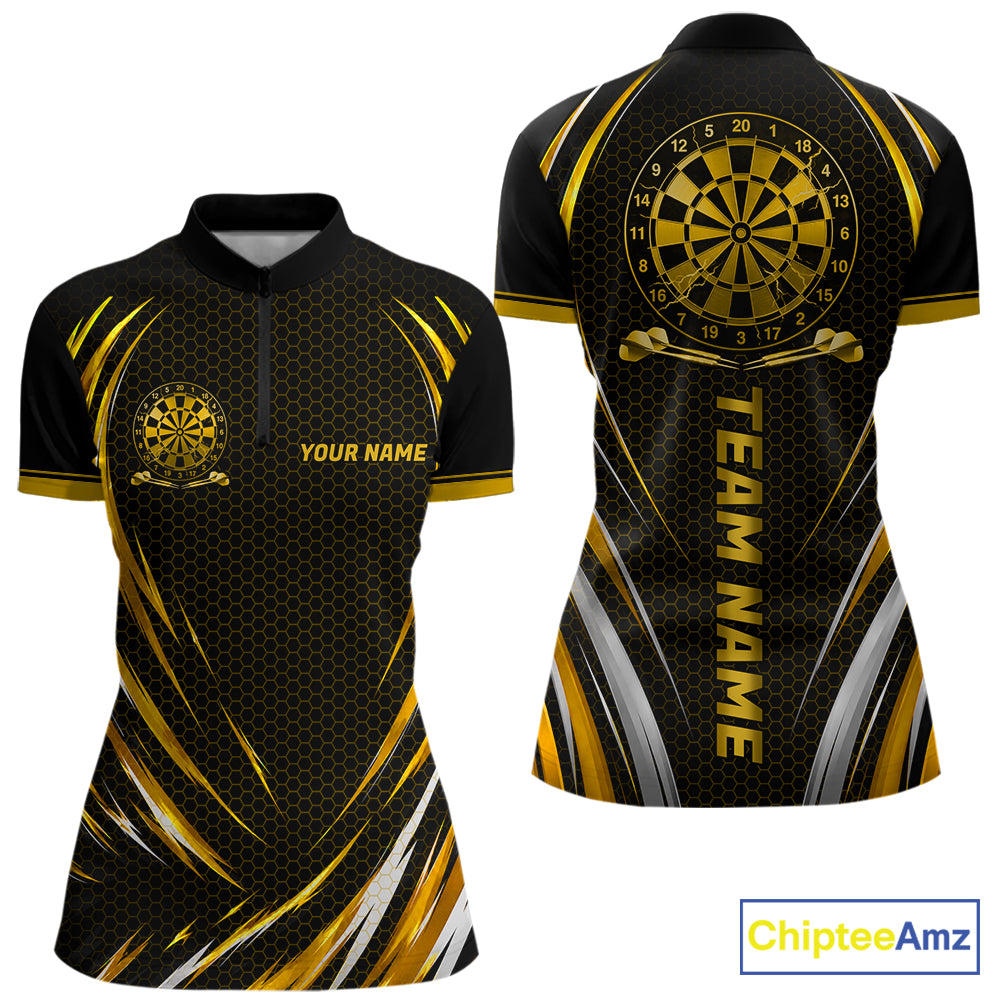 Black And Gold Thunder Darts Custom Dart Polo Quarter-Zip Shirts For Women Hexagon Dart Team Jersey NYN4186