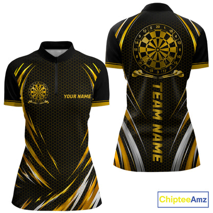 Black And Gold Thunder Darts Custom Dart Polo Quarter-Zip Shirts For Women Hexagon Dart Team Jersey NYN4186