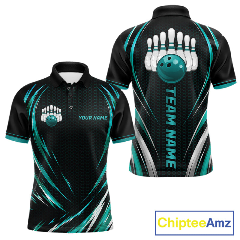 Mens Bowling Polo 1/4-Zip Shirts Custom Black And Teal Hexagon Bowling Team Jersey, Gift For Bowlers NYN4187