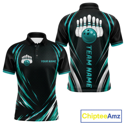 Mens Bowling Polo 1/4-Zip Shirts Custom Black And Teal Hexagon Bowling Team Jersey, Gift For Bowlers NYN4187