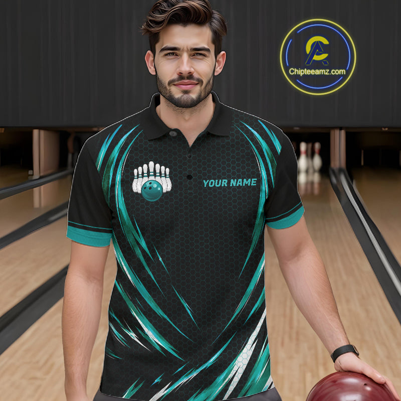 Mens Bowling Polo 1/4-Zip Shirts Custom Black And Teal Hexagon Bowling Team Jersey, Gift For Bowlers NYN4187
