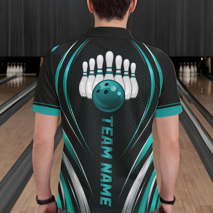 Mens Bowling Polo 1/4-Zip Shirts Custom Black And Teal Hexagon Bowling Team Jersey, Gift For Bowlers NYN4187