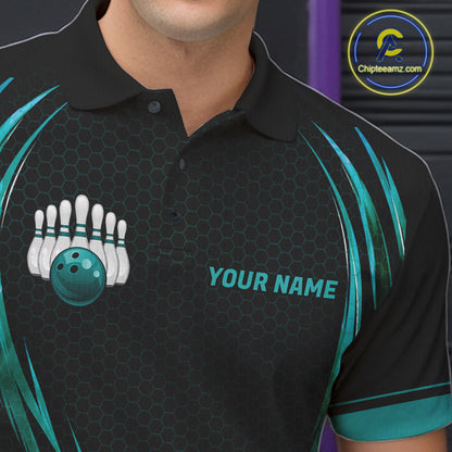Mens Bowling Polo 1/4-Zip Shirts Custom Black And Teal Hexagon Bowling Team Jersey, Gift For Bowlers NYN4187