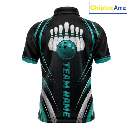 Mens Bowling Polo 1/4-Zip Shirts Custom Black And Teal Hexagon Bowling Team Jersey, Gift For Bowlers NYN4187