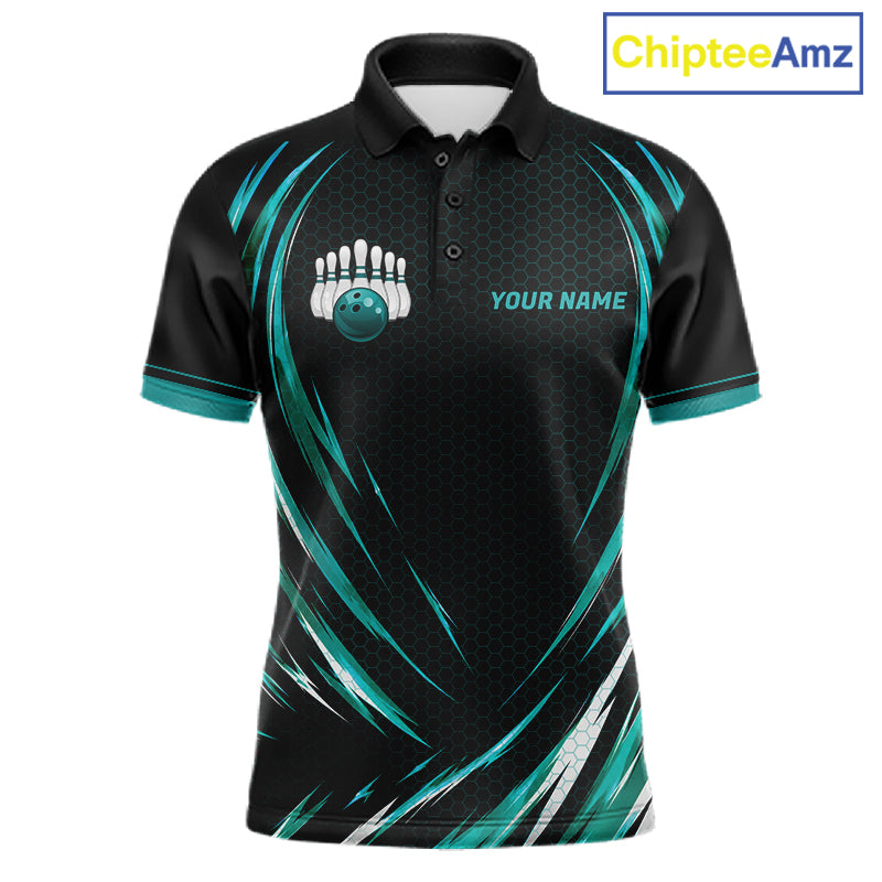 Mens Bowling Polo 1/4-Zip Shirts Custom Black And Teal Hexagon Bowling Team Jersey, Gift For Bowlers NYN4187
