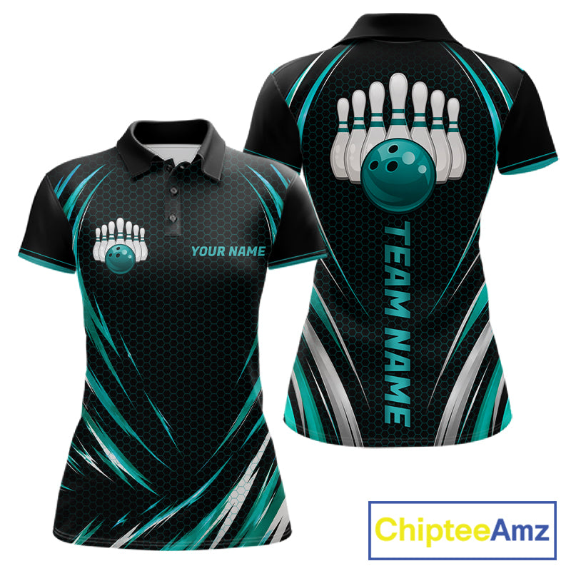 Women Bowling Polo 1/4-Zip Shirts Custom Black And Teal Hexagon Bowling Team Jersey, Gift For Bowlers NYN4187