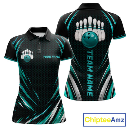 Women Bowling Polo 1/4-Zip Shirts Custom Black And Teal Hexagon Bowling Team Jersey, Gift For Bowlers NYN4187