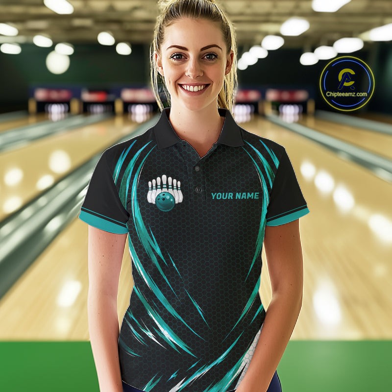 Women Bowling Polo 1/4-Zip Shirts Custom Black And Teal Hexagon Bowling Team Jersey, Gift For Bowlers NYN4187