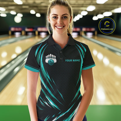 Women Bowling Polo 1/4-Zip Shirts Custom Black And Teal Hexagon Bowling Team Jersey, Gift For Bowlers NYN4187