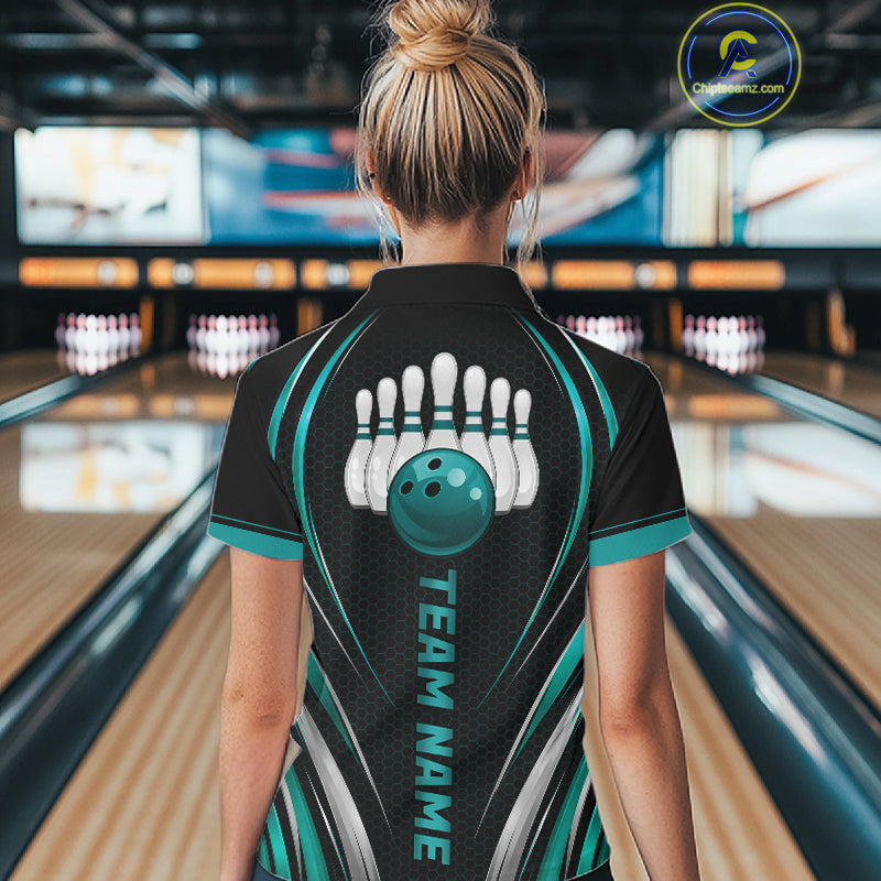 Women Bowling Polo 1/4-Zip Shirts Custom Black And Teal Hexagon Bowling Team Jersey, Gift For Bowlers NYN4187