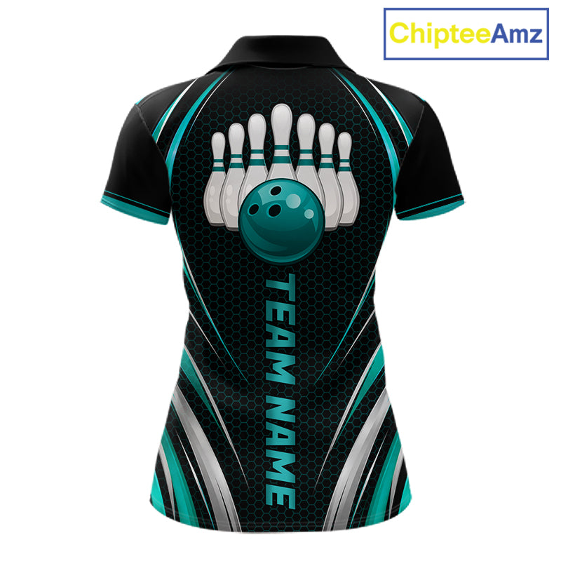 Women Bowling Polo 1/4-Zip Shirts Custom Black And Teal Hexagon Bowling Team Jersey, Gift For Bowlers NYN4187
