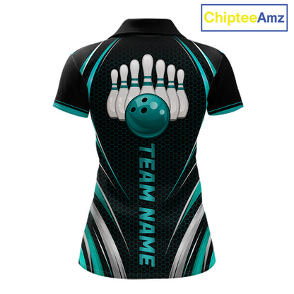 Women Bowling Polo 1/4-Zip Shirts Custom Black And Teal Hexagon Bowling Team Jersey, Gift For Bowlers NYN4187