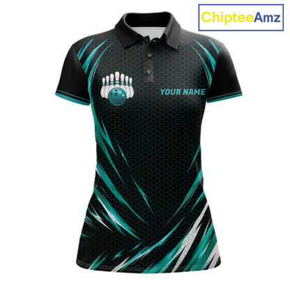 Women Bowling Polo 1/4-Zip Shirts Custom Black And Teal Hexagon Bowling Team Jersey, Gift For Bowlers NYN4187
