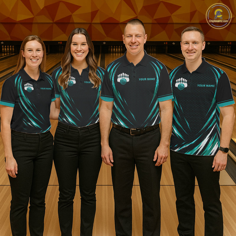 Mens Bowling Polo 1/4-Zip Shirts Custom Black And Teal Hexagon Bowling Team Jersey, Gift For Bowlers NYN4187