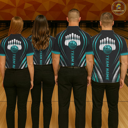 Mens Bowling Polo 1/4-Zip Shirts Custom Black And Teal Hexagon Bowling Team Jersey, Gift For Bowlers NYN4187