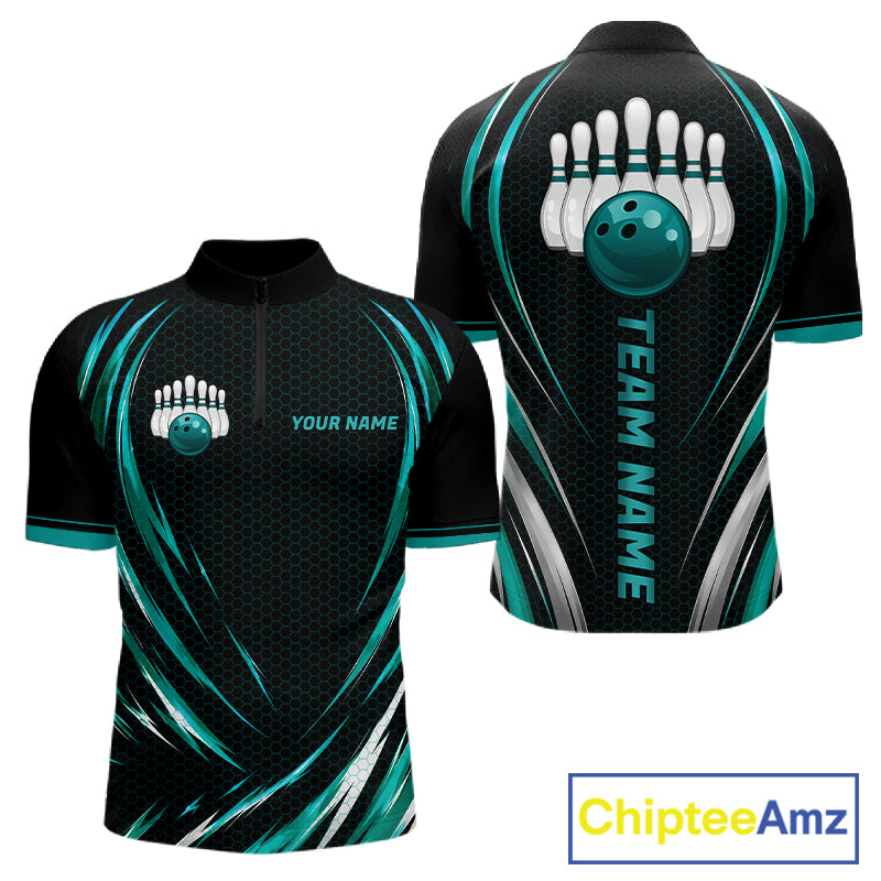 Mens Bowling Polo 1/4-Zip Shirts Custom Black And Teal Hexagon Bowling Team Jersey, Gift For Bowlers NYN4187